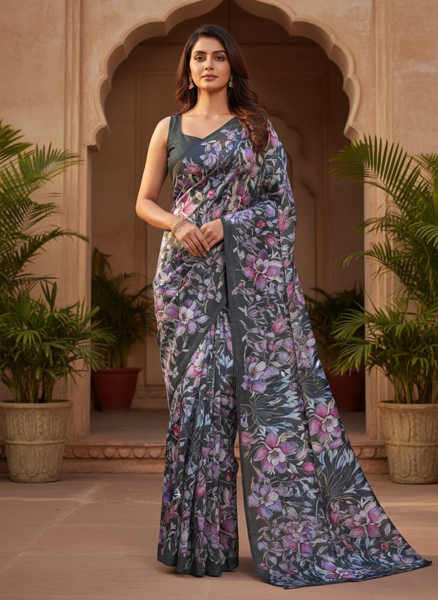 Purple Floral Printed Satin Fabric