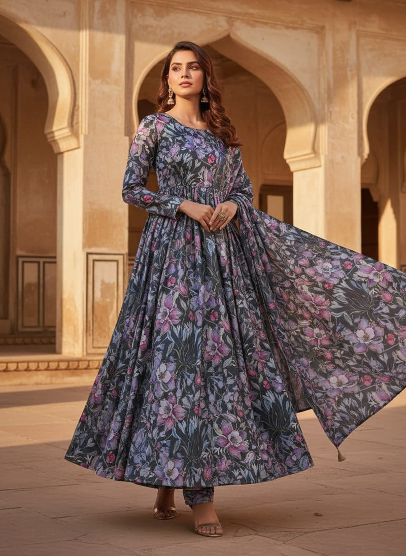 Purple Floral Printed Satin Fabric