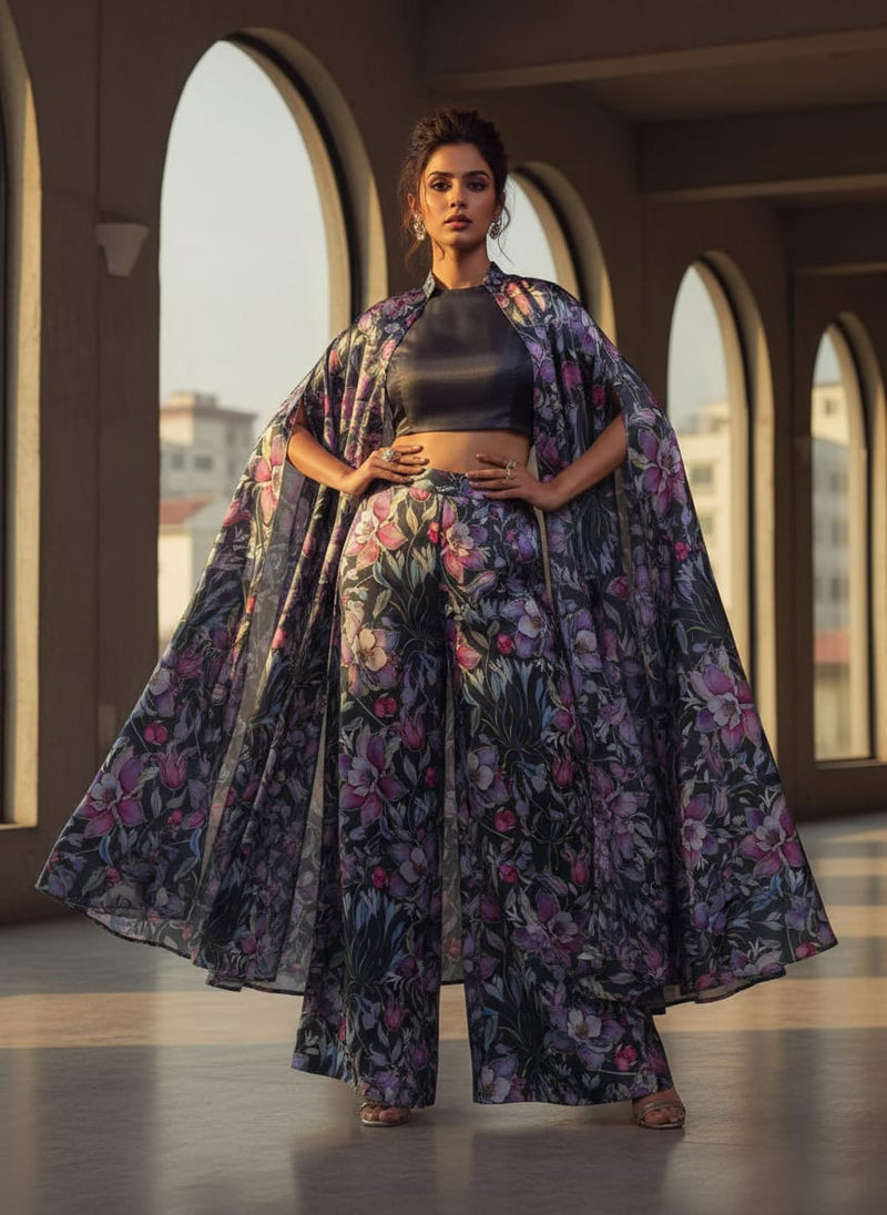 Purple Floral Printed Satin Fabric