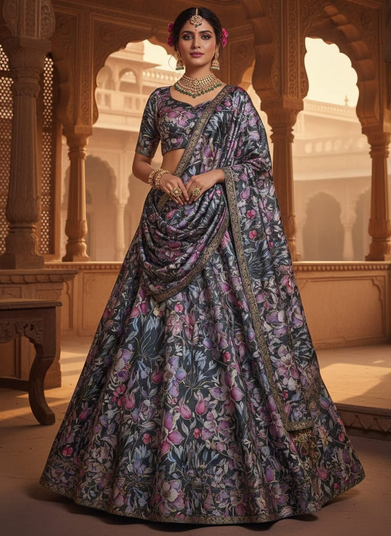 Purple Floral Printed Satin Fabric