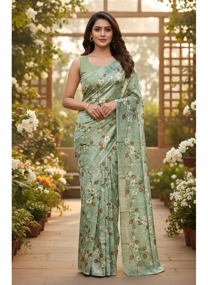 Cream And Brown Floral Print On Green Japan Satin Fabric