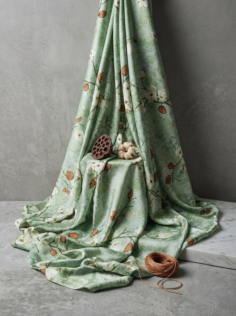 Green White Blossom Branch Floral Japan Satin Digital Printed Fabric