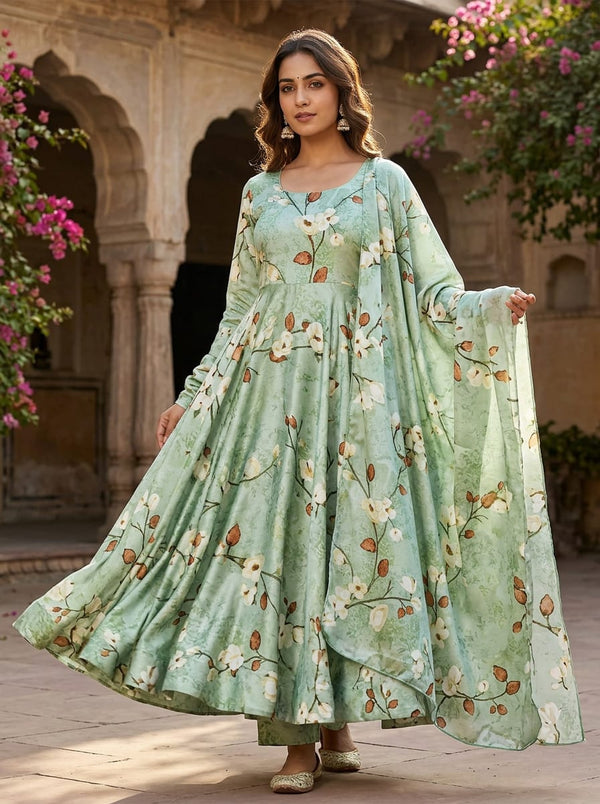 Green White Blossom Branch Floral Japan Satin Digital Printed Fabric - Anarkali Kurta Set Lookbook - JS-0-PA10522-110 - alternate view