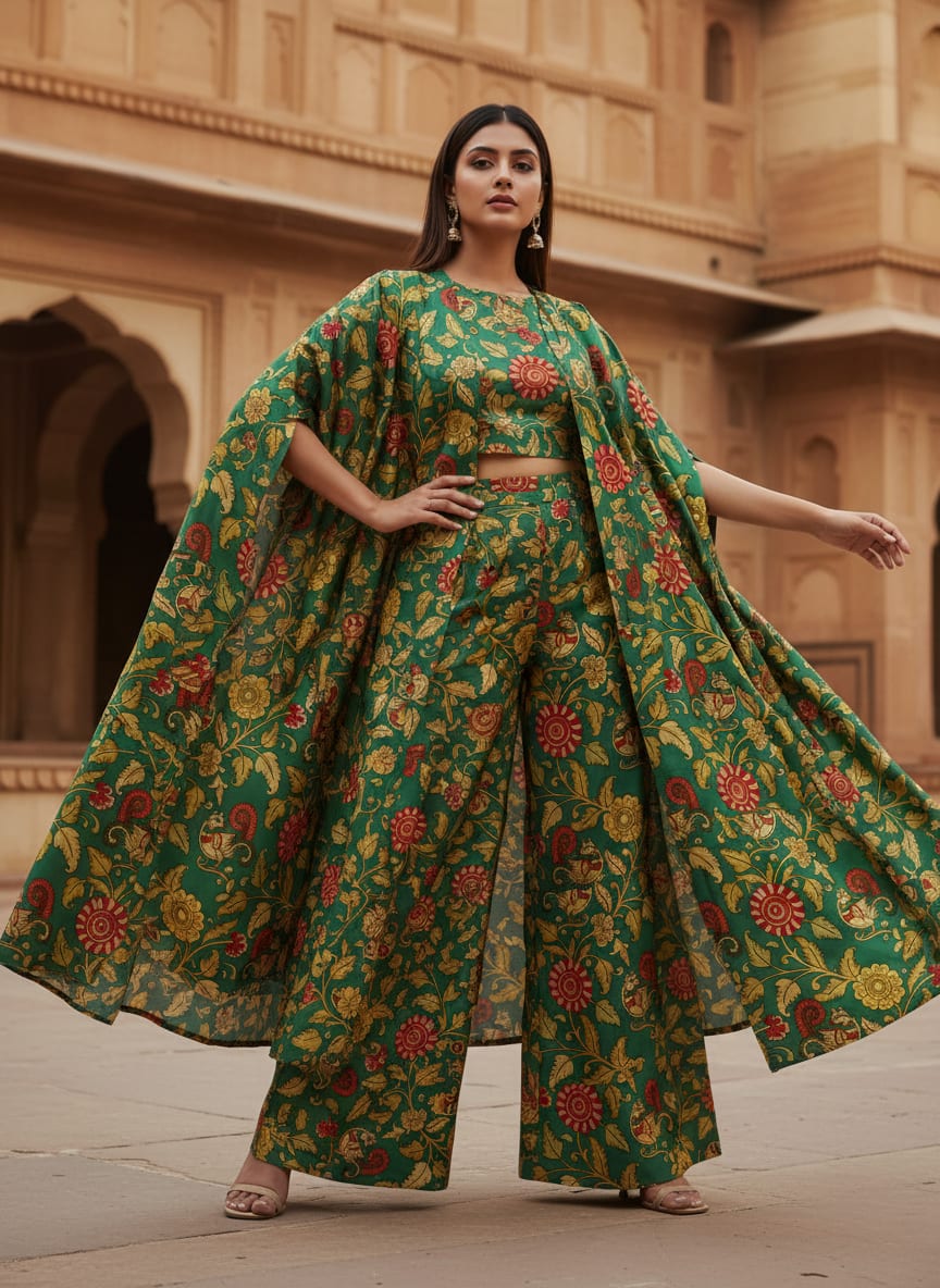 Buy Kalamkari Peacock Print Satin Fabric Online at Best Price