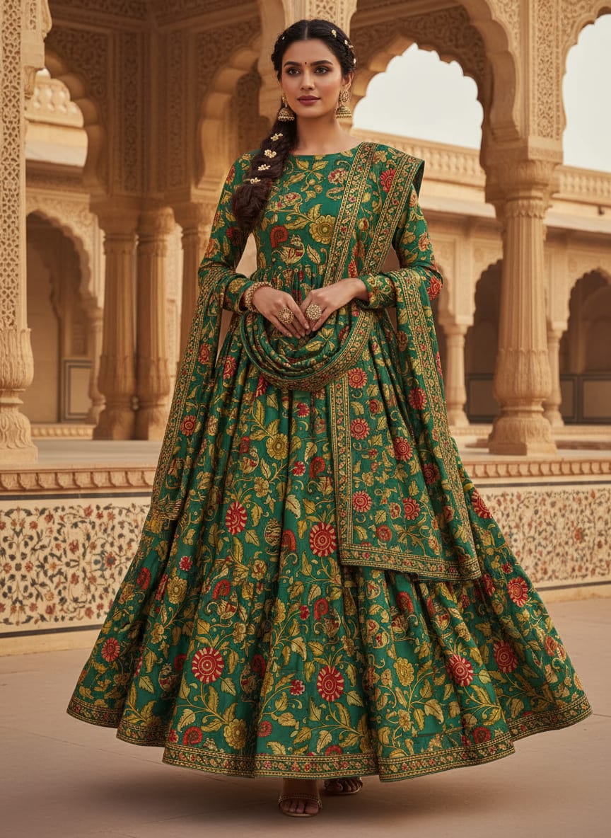 Buy Kalamkari Peacock Print Satin Fabric Online at Best Price