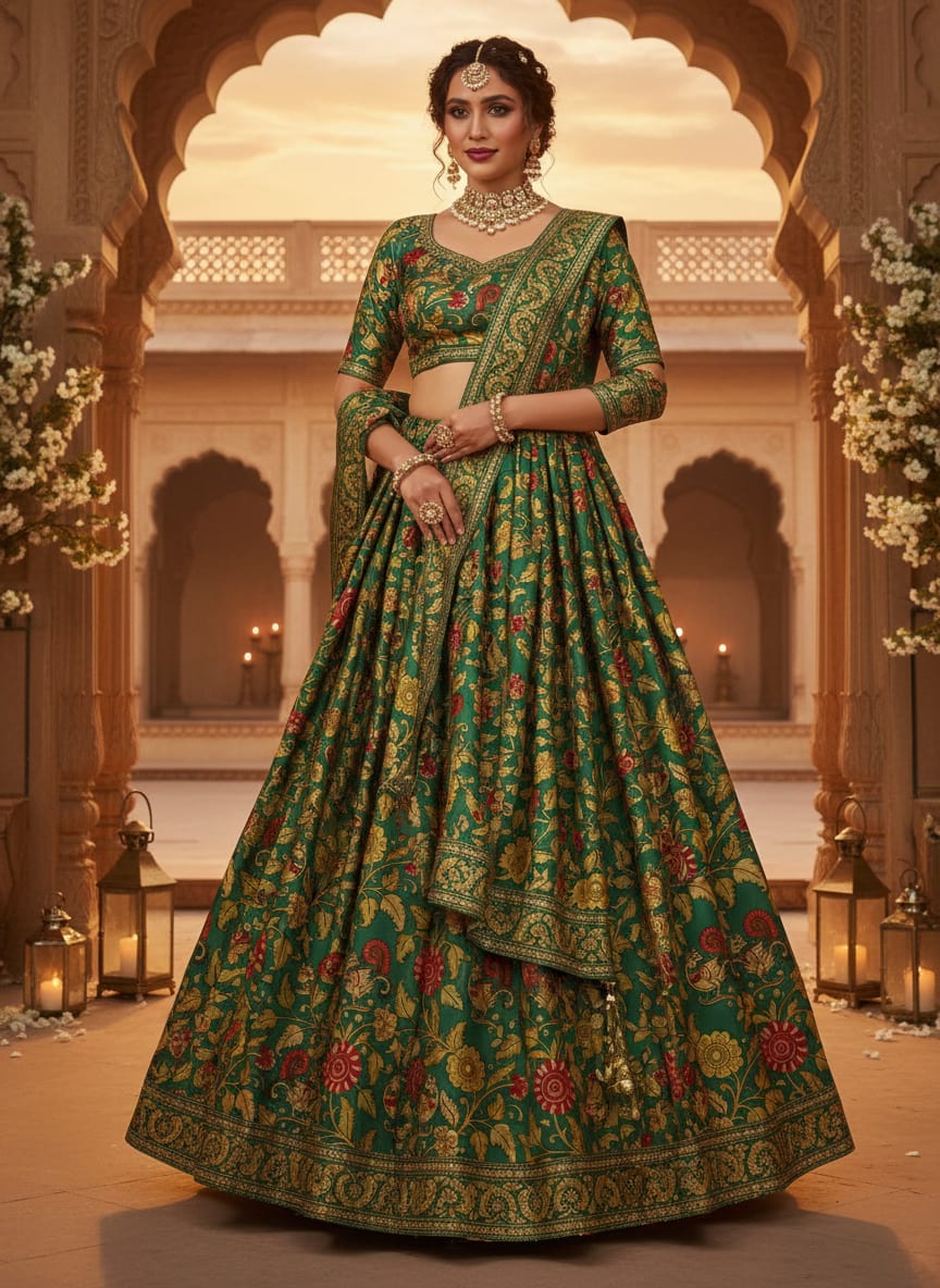 Buy Kalamkari Peacock Print Satin Fabric Online at Best Price