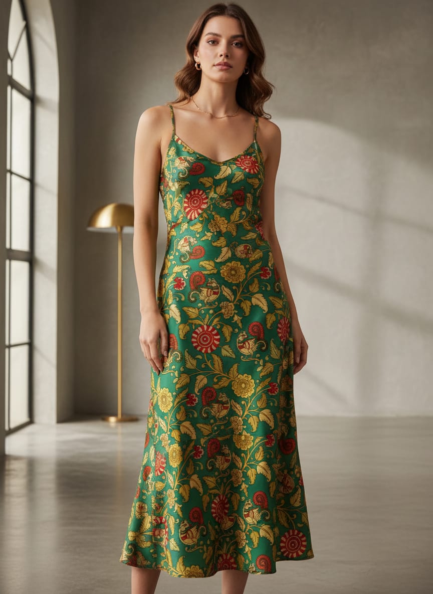 Buy Kalamkari Peacock Print Satin Fabric Online at Best Price