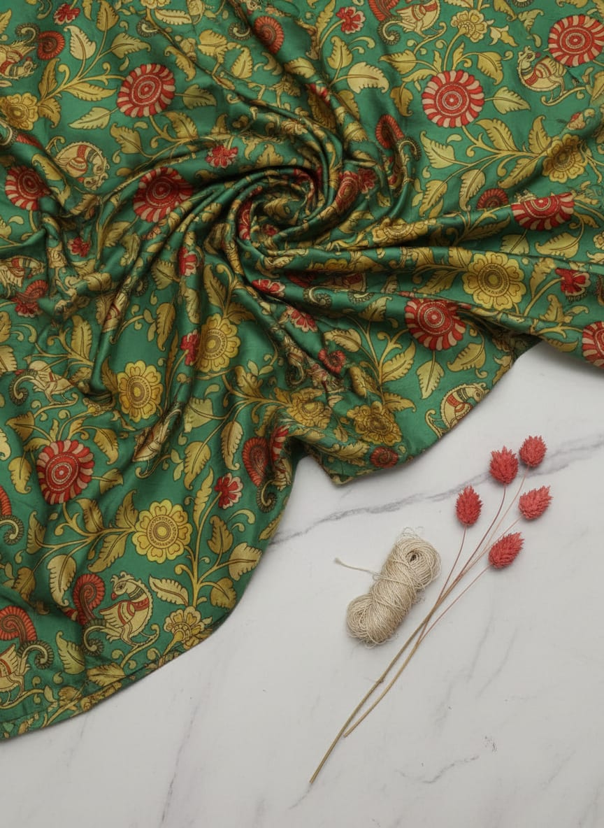 Green Ethnic Peacock and Floral Vine Japan Satin Digital Printed Fabric