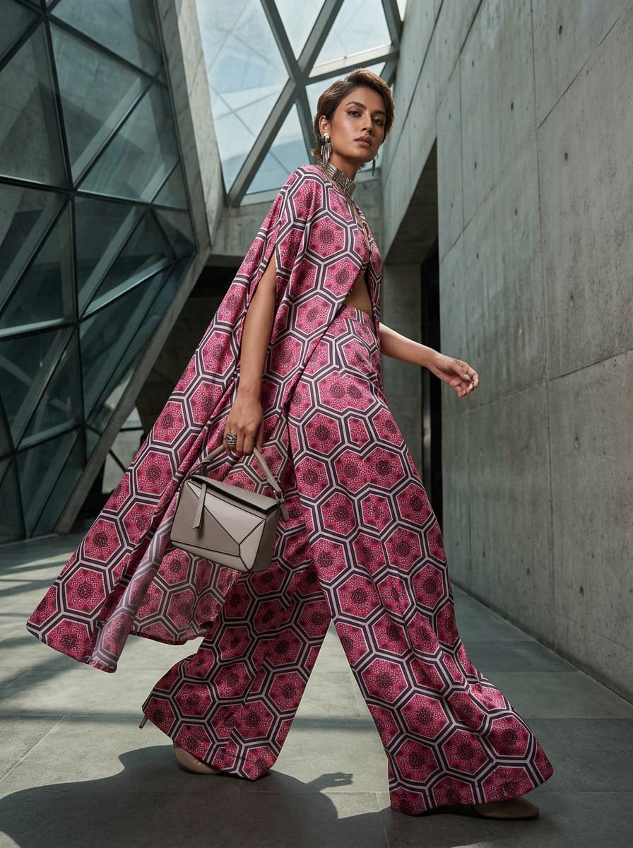 Pink Ethnic Hexagonal Tile Print Japan Satin Digital Printed Fabric
