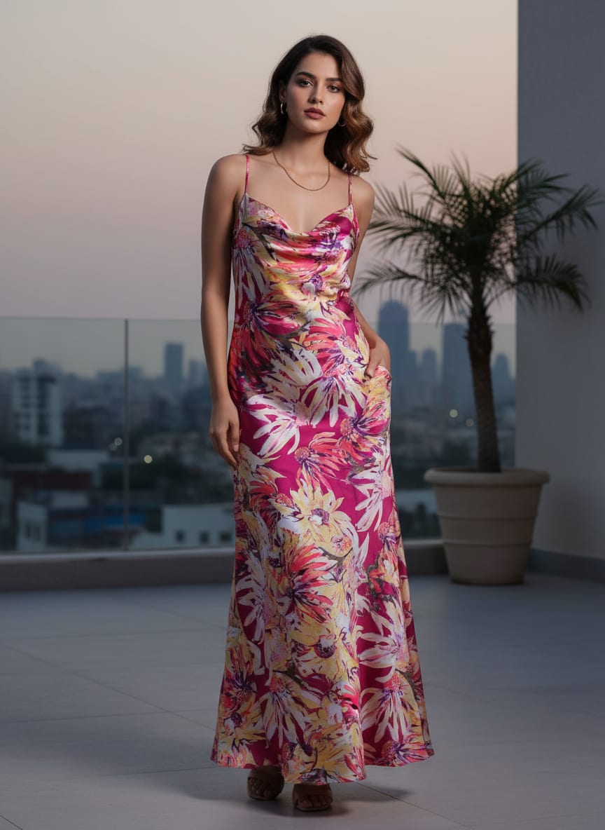 Pink Multicolor Floral Printed Japan Satin Fabric