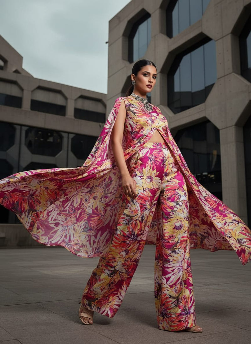 Pink Multicolor Floral Printed Japan Satin Fabric