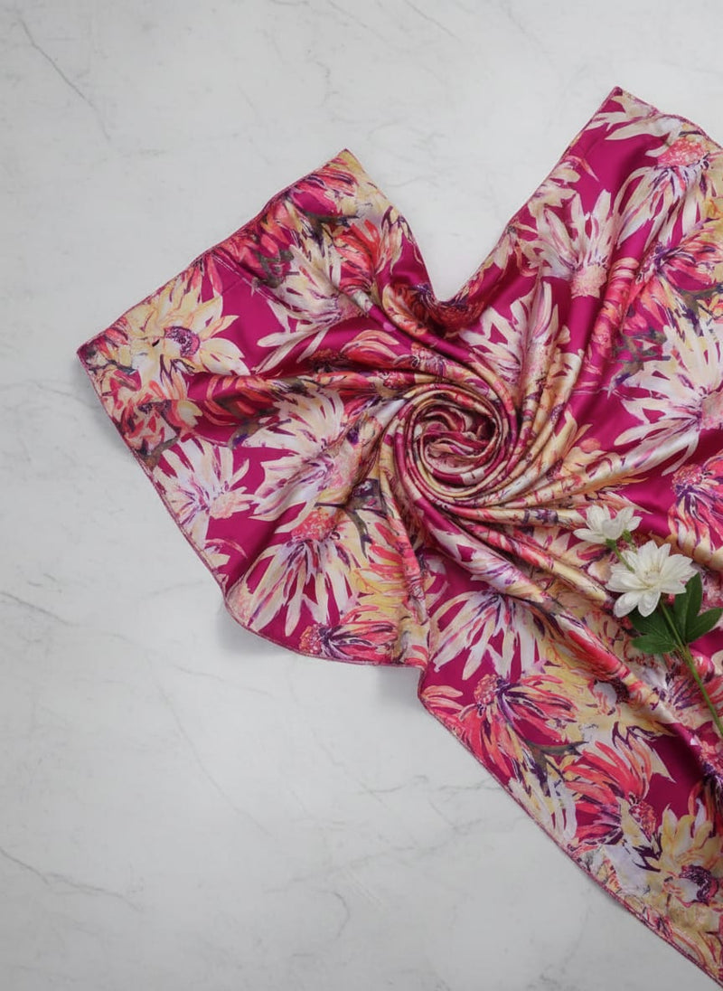 Pink Multicolor Floral Printed Japan Satin Fabric