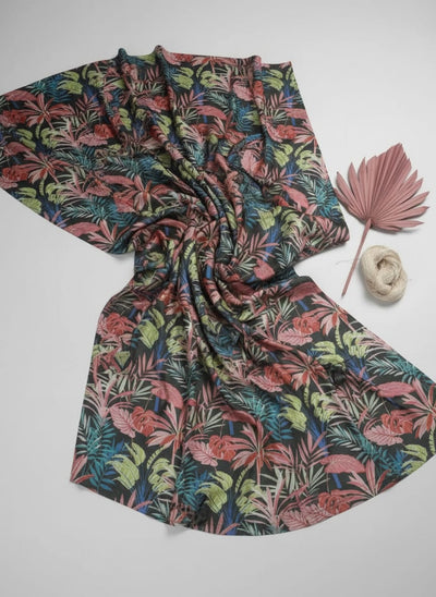 Multicolor Tropical Botanical Japan Satin Digital Printed Fabric