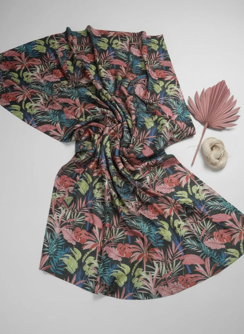 Tropical Leaves Printed Japan Satin Fabric