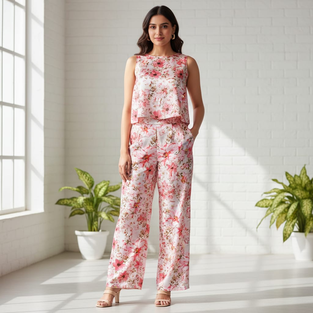 Pink Floral Print Satin Fabric