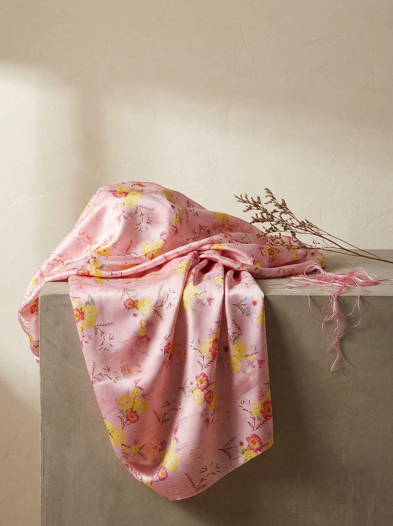 Pink Dainty Floral Bloom Japan Satin Digital Printed Fabric