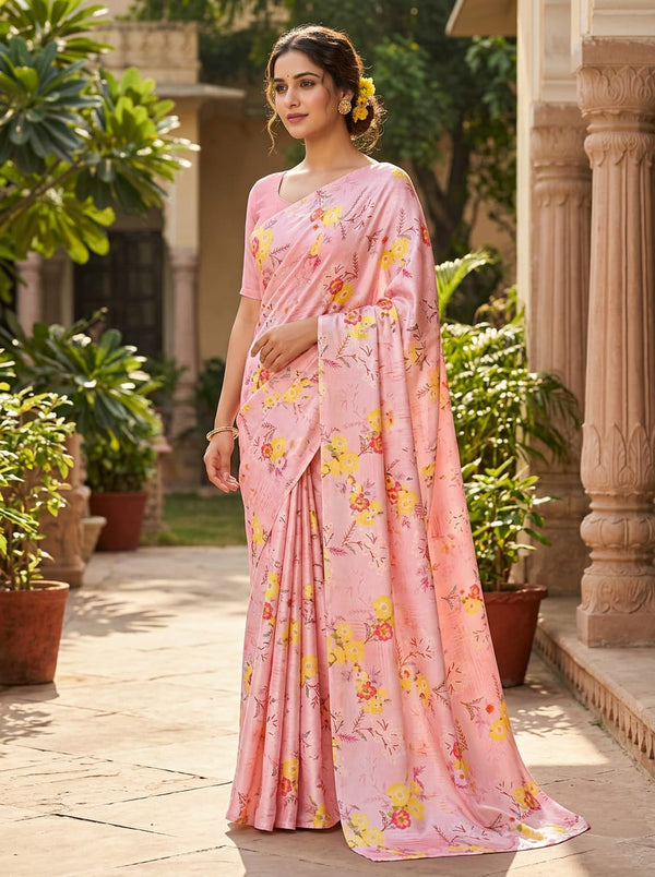 Pink Dainty Floral Bloom Japan Satin Digital Printed Fabric - Saree Lookbook - JS-0-TA06551-110 - alternate view