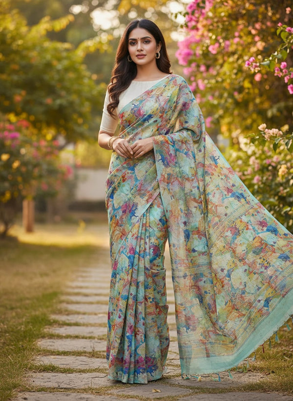 Abstract Floral Digital Print Kota Doria Fabric - Saree Lookbook - KD-0-AA115-110 - alternate view