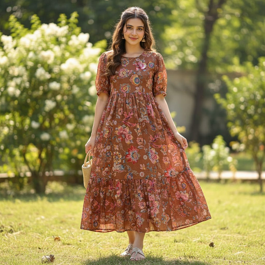 Kota Doria Fabric with Floral Print Brown