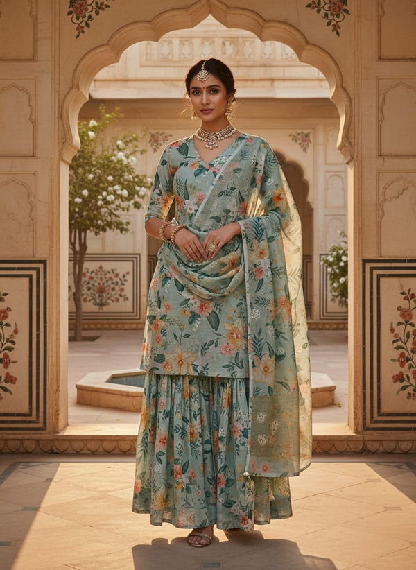Multicolor Floral Print Kota Doria Fabric - Gharara Set Lookbook - KD-0-AA119-110 - alternate view