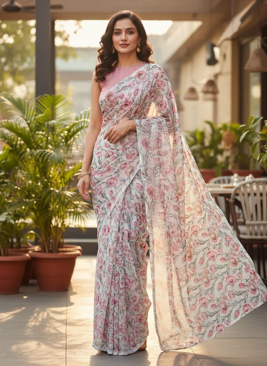 Pink Protea Floral Printed Kota Doria Fabric