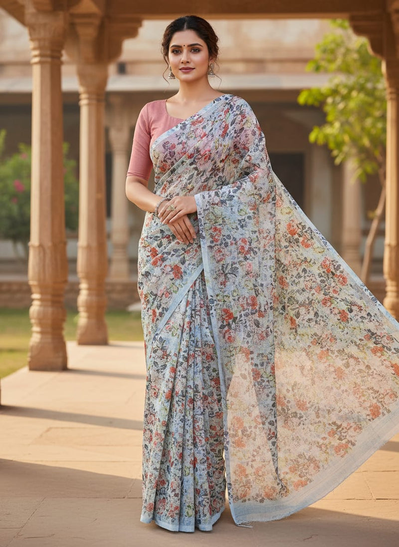 Multicolor Vintage Rose Floral Print Kota Doria Digital Printed Fabric