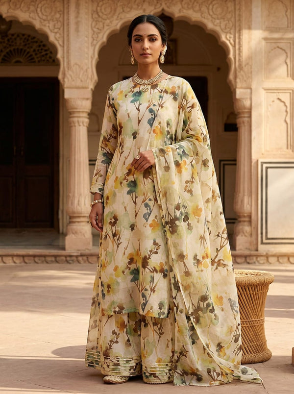 Multicolor Abstract Watercolor Botanical Kota Doria Digital Printed Fabric - Gharara Set Lookbook - KD-0-AA123-110 - alternate view