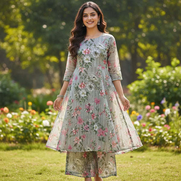 Kota Doria Fabric with Floral Print - alternate view