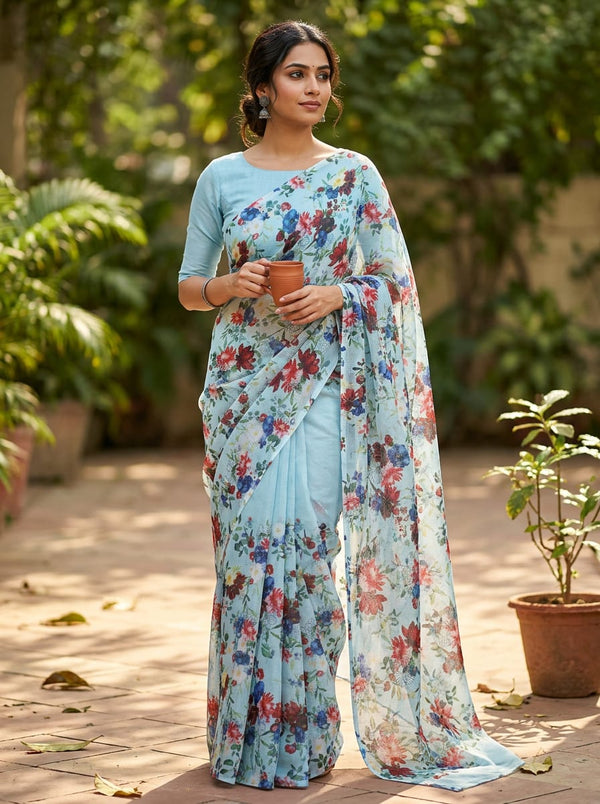 Blue Painterly Floral Garden Print Kota Doria Digital Printed Fabric - Saree Lookbook - KD-0-AA125-110 - alternate view