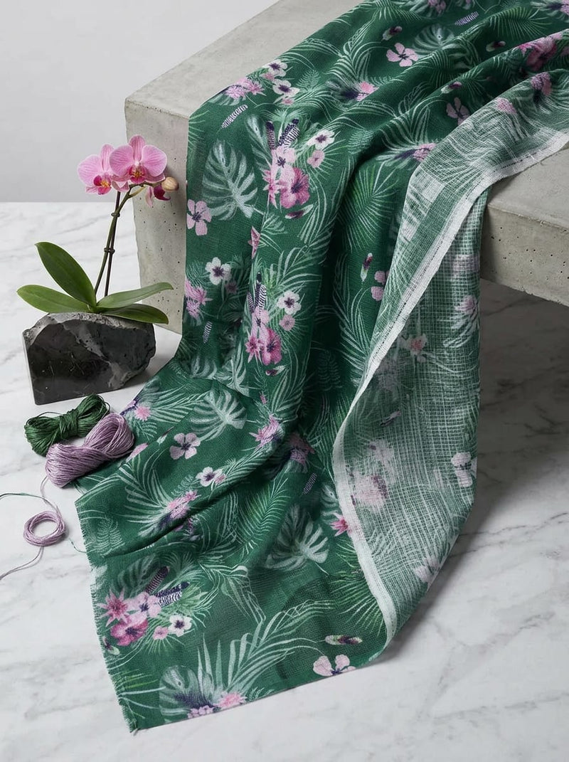 Green Tropical Botanical Print Kota Doria Digital Printed Fabric