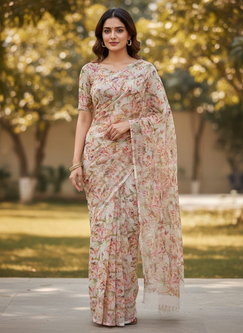 Pink Floral Printed Kota Doria Fabric