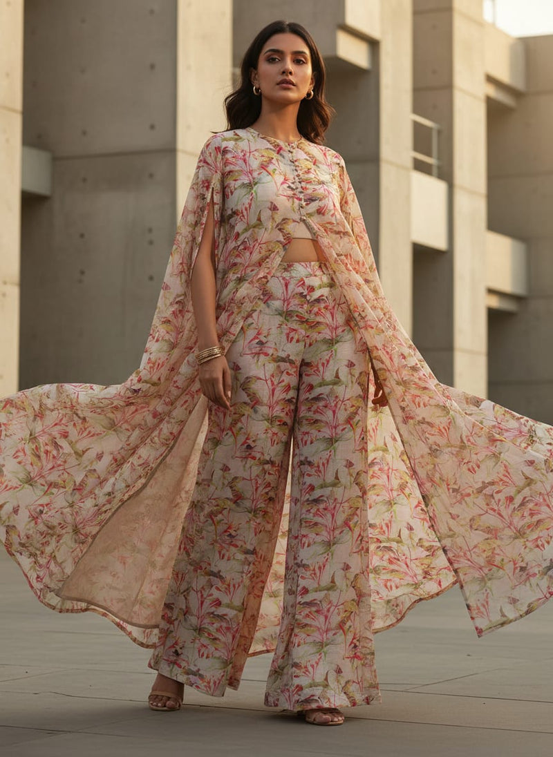 Pink Floral Printed Kota Doria Fabric