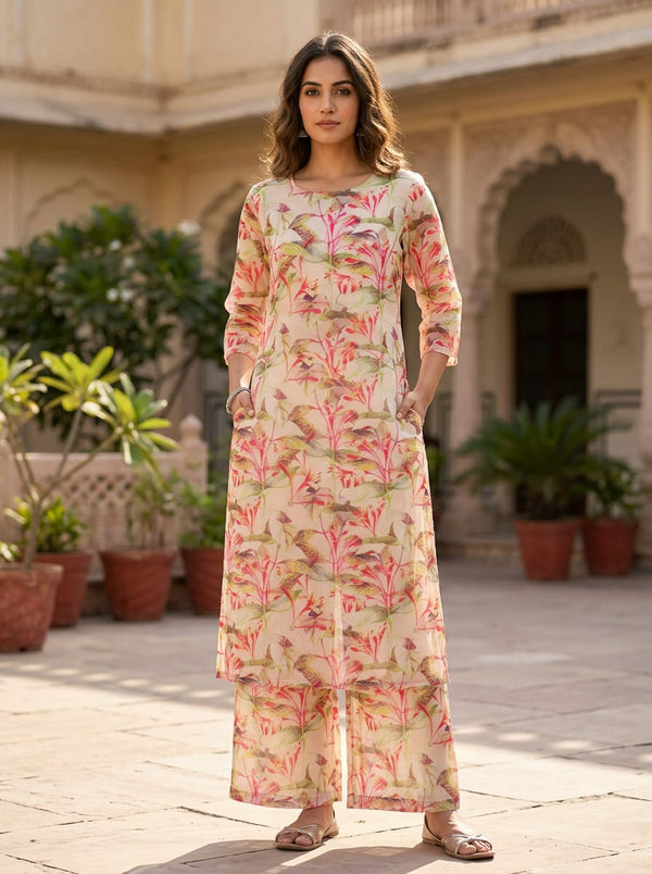Multicolor Watercolor Botanical Floral Kota Doria Digital Printed Fabric - Straight Kurta with Palazzo Lookbook - KD-0-AA128-110 - alternate view