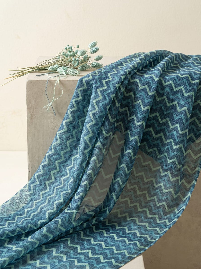 Blue Geometric Chevron Pattern Kota Doria Digital Printed Fabric