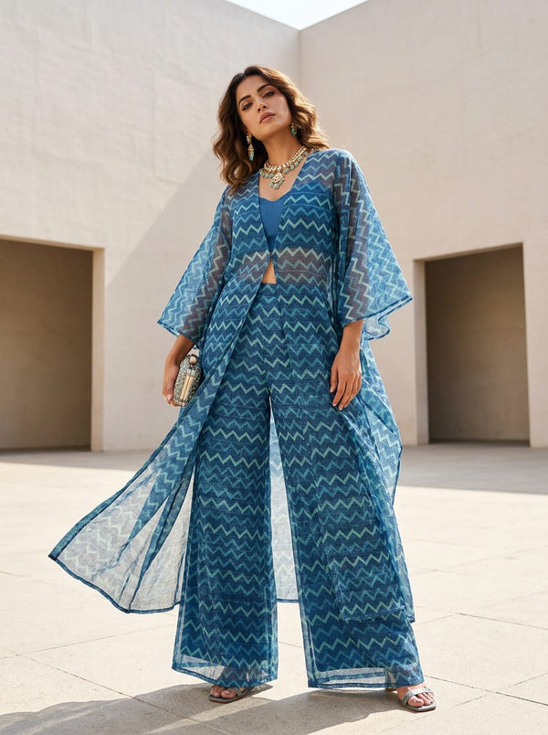 Blue Geometric Chevron Pattern Kota Doria Digital Printed Fabric - Cape with Palazzo Lookbook - KD-0-AA129-110 - alternate view