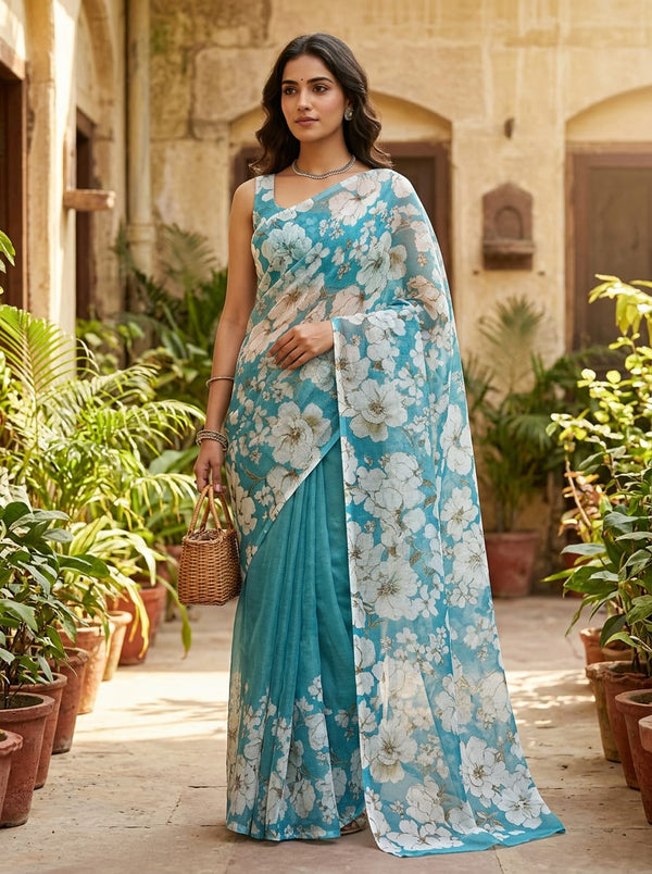 Blue White Botanical Blossom Print Kota Doria Digital Printed Fabric - Saree Lookbook - KD-0-AA130-110 - alternate view
