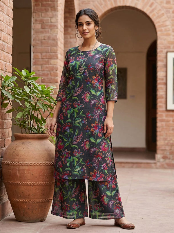 Multicolor Vibrant Painterly Floral Kota Doria Digital Printed Fabric - Straight Kurta with Palazzo Lookbook - KD-0-PA10670-110 - alternate view