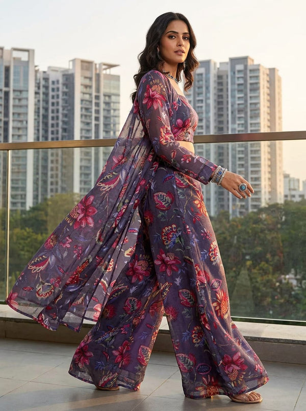 Multicolor Vintage Botanical Floral Kota Doria Digital Printed Fabric - Cape with Palazzo Lookbook - KD-0-PA10674-110 - alternate view