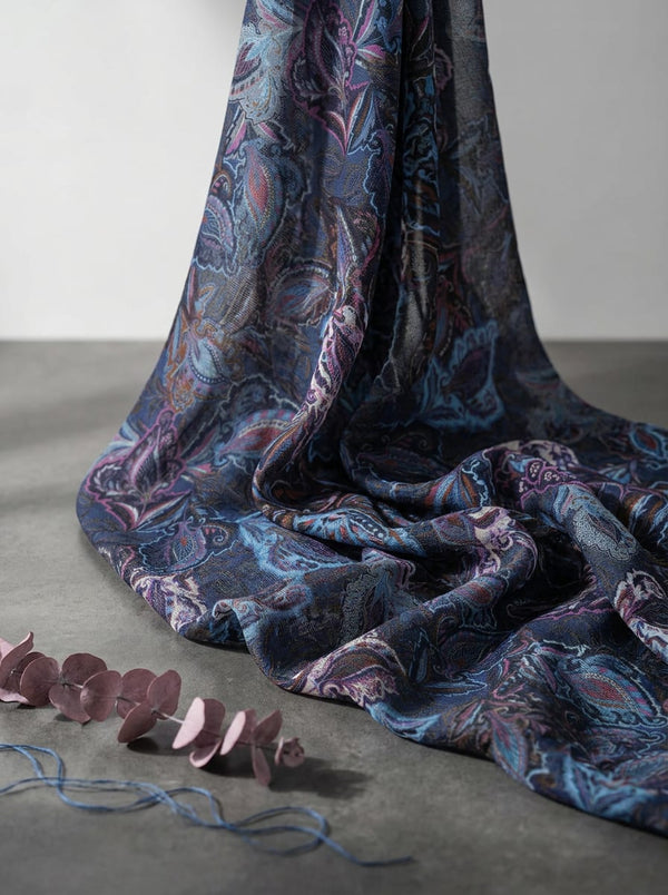 Navy Intricate Paisley Botanical Print Kota Doria Digital Printed Fabric - Fabric Editorial Studio Flatlay Lookbook - KD-0-PA10679-110