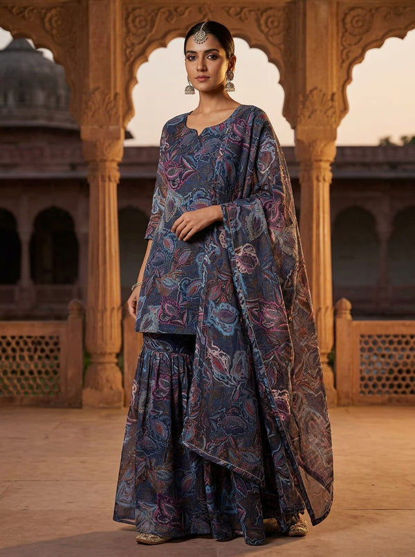 Navy Intricate Paisley Botanical Print Kota Doria Digital Printed Fabric - Gharara Set Lookbook - KD-0-PA10679-110 - alternate view