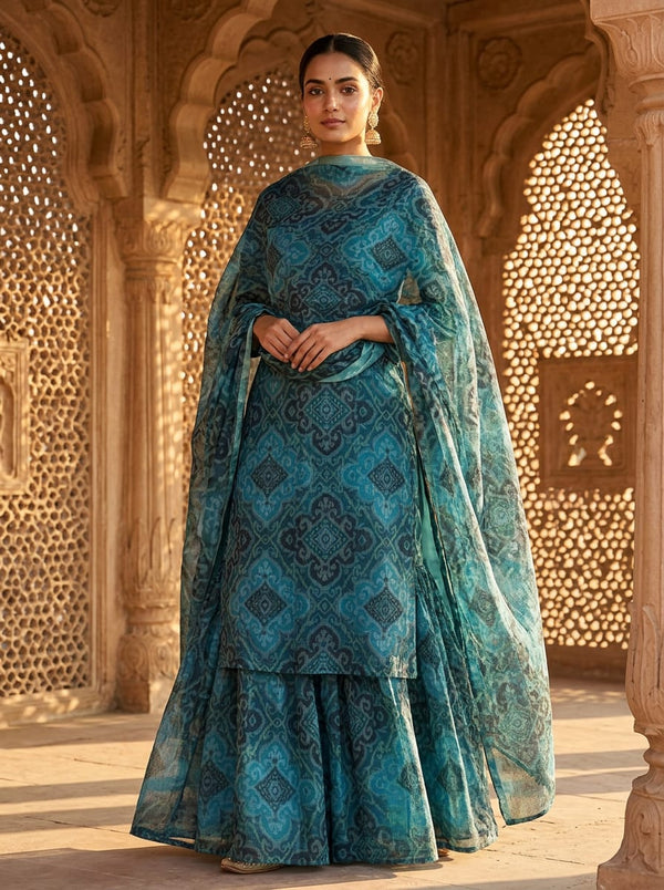 Teal and Black Ikat Style Ethnic Pattern Kota Doria Digital Printed Fabric - Gharara Set Lookbook - KD-0-PA10706-110 - alternate view