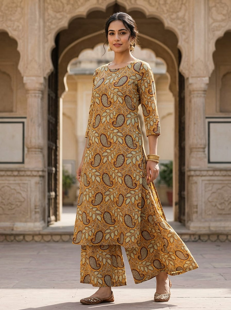 Yellow Ethnic Paisley and Botanical Vine Muslin Digital Printed Fabric