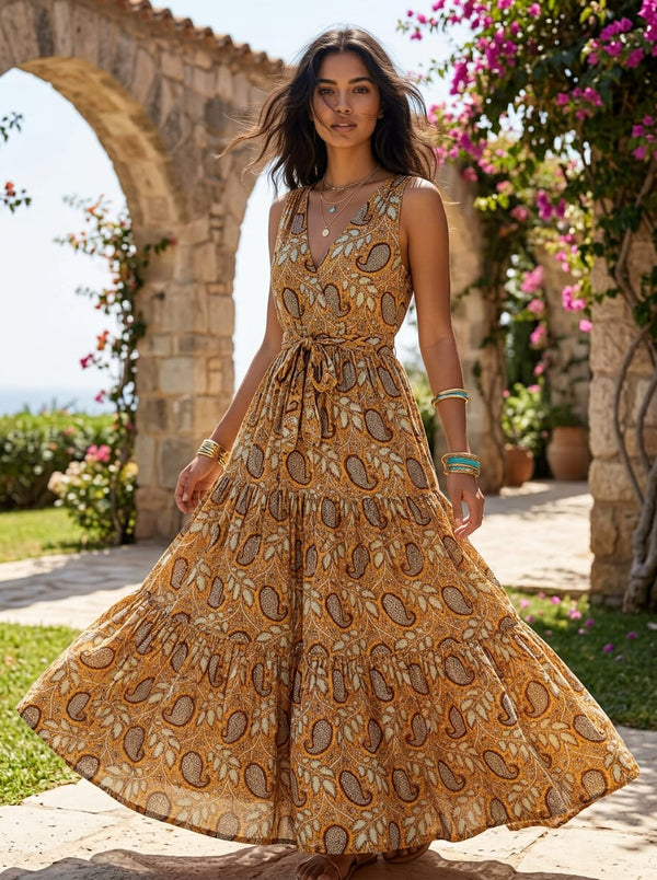 Yellow Ethnic Paisley and Botanical Vine Muslin Digital Printed Fabric - Flowy Maxi Dress Lookbook - MU-0-AA153-110 - alternate view