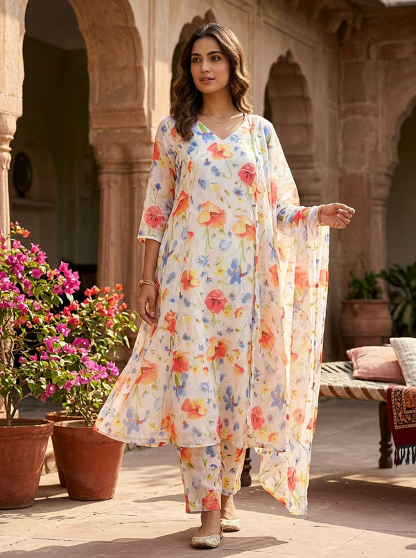 Multicolor Watercolor Wildflower Floral Muslin Digital Printed Fabric - A-Line Kurta with Salwar Lookbook - MU-0-AA155-110 - alternate view