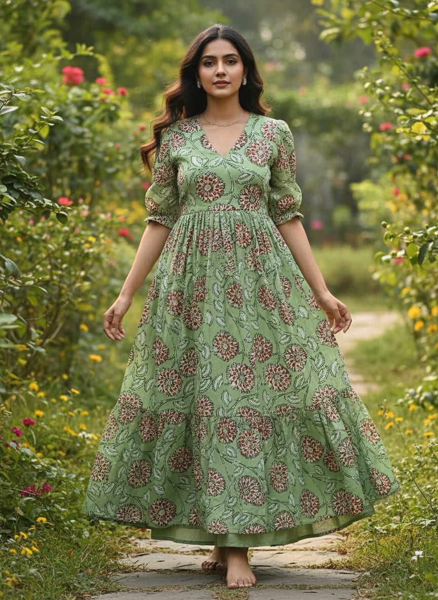 Green Floral Muslin Fabric