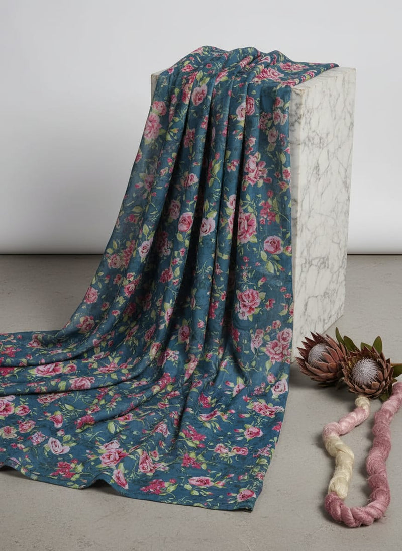 Blue Muslin Fabric with Pink Roses