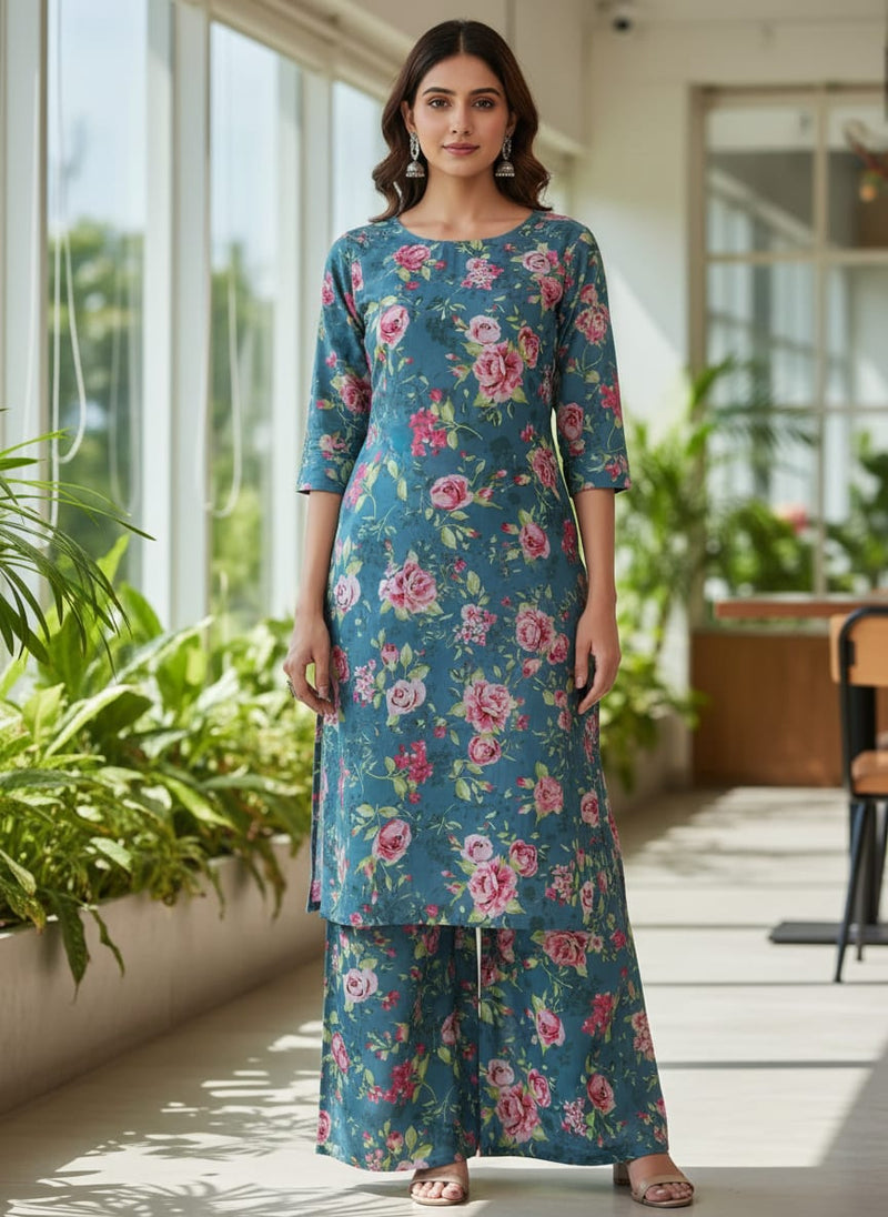 Blue Muslin Fabric with Pink Roses