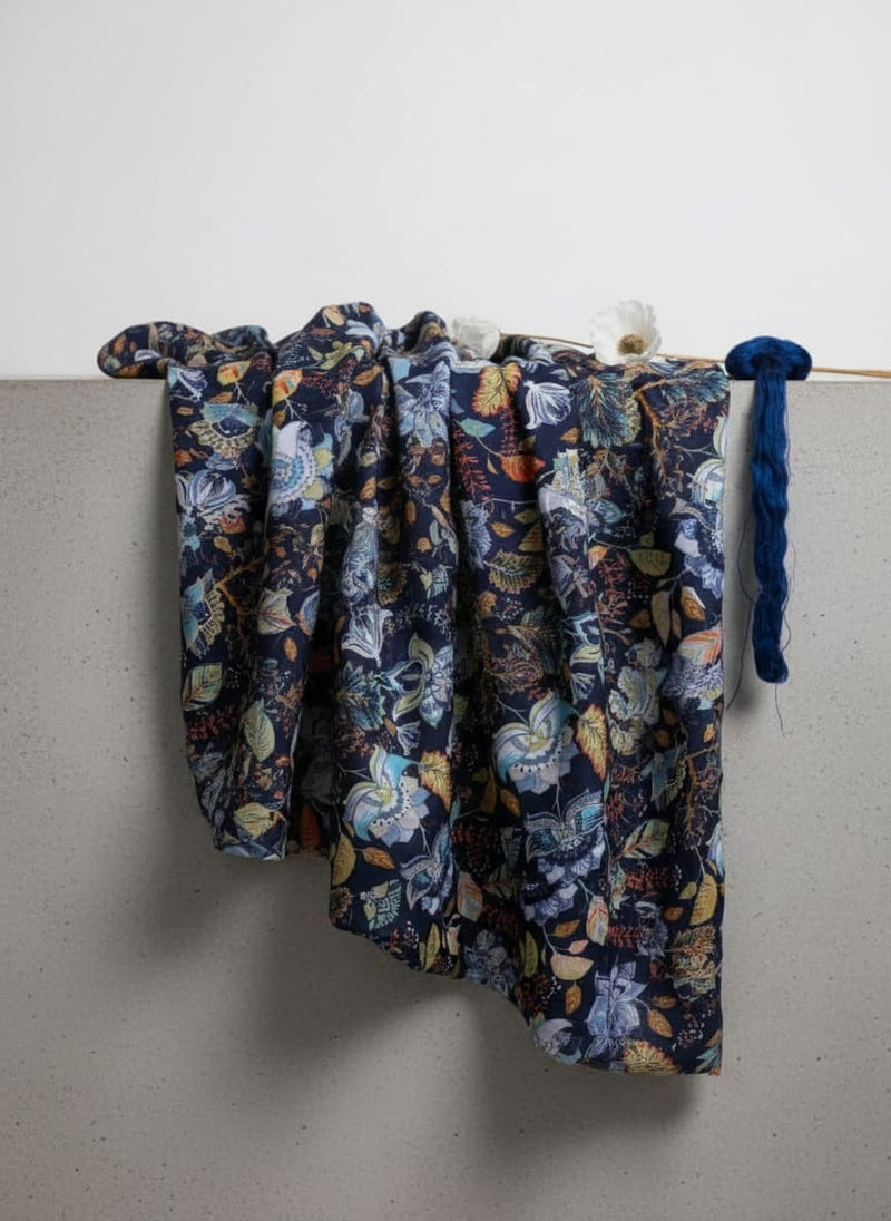Blue Multicolor Floral Print Muslin Fabric