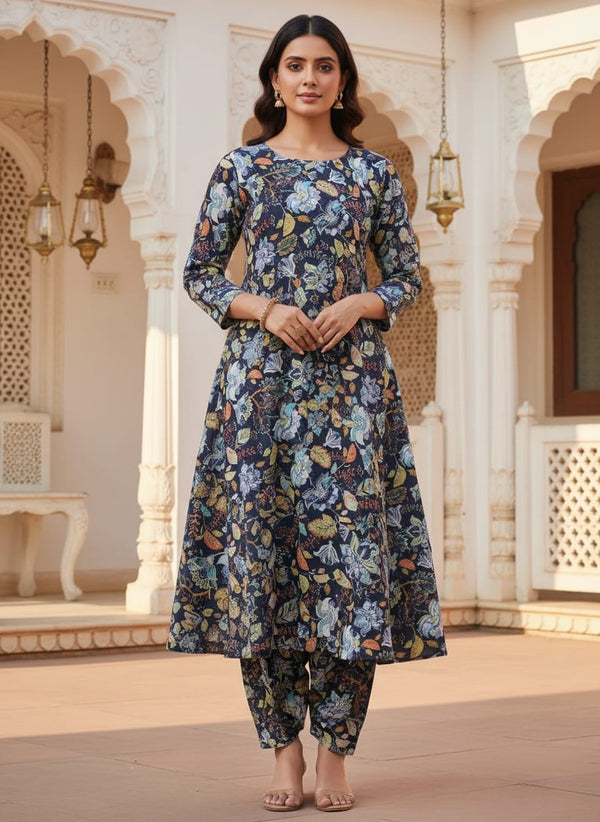 Blue Multicolor Floral Print Muslin Fabric - A-Line Kurta with Salwar Lookbook - MU-0-AA163-110 - alternate view