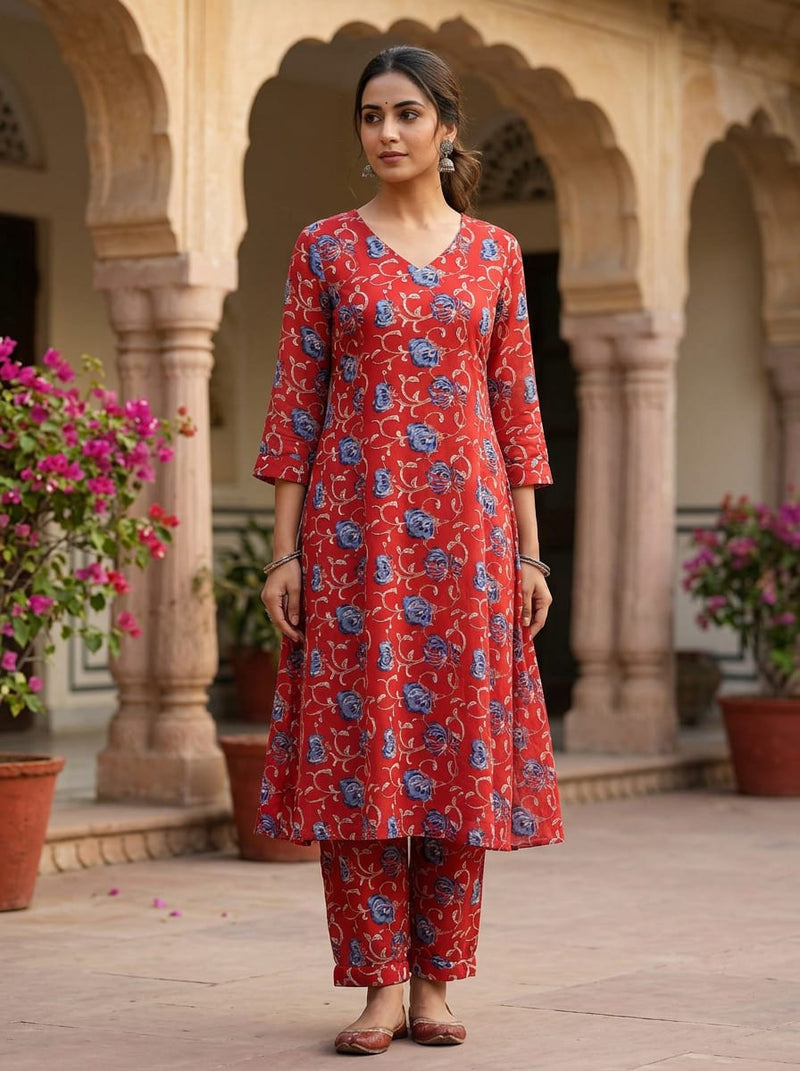 Red Traditional Ethnic Floral Vine Muslin Digital Printed Fabric
